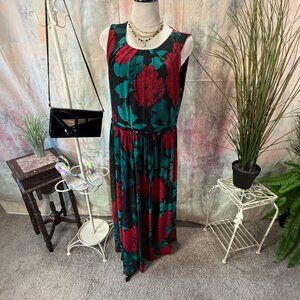 📌Enfocus Maxi Floral Print Roses & Leaves Dress with Beaded Waistline